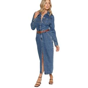 Alison Midaxi Dress - Long Sleeve Front Split Denim Dress in Mid Blue Wash